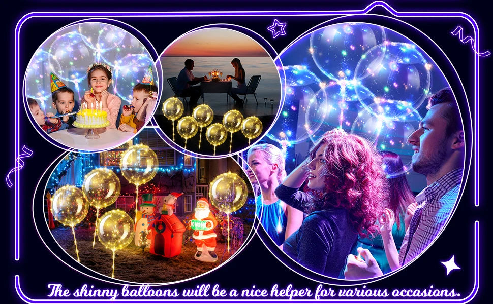 A collage showing people celebrating with shiny light-up balloons for various occasions.