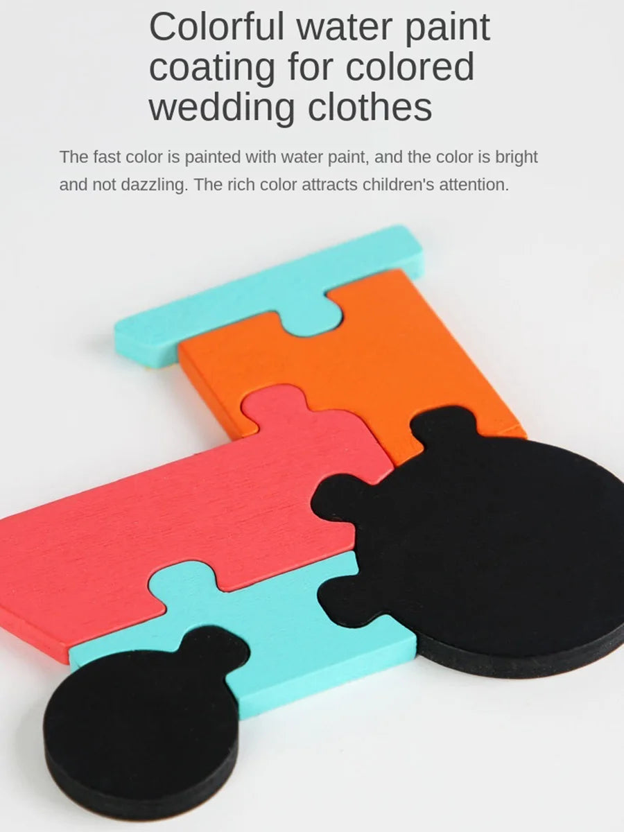 Colorful wooden jigsaw puzzle pieces shaped like animals in bright orange, pink, and blue colors