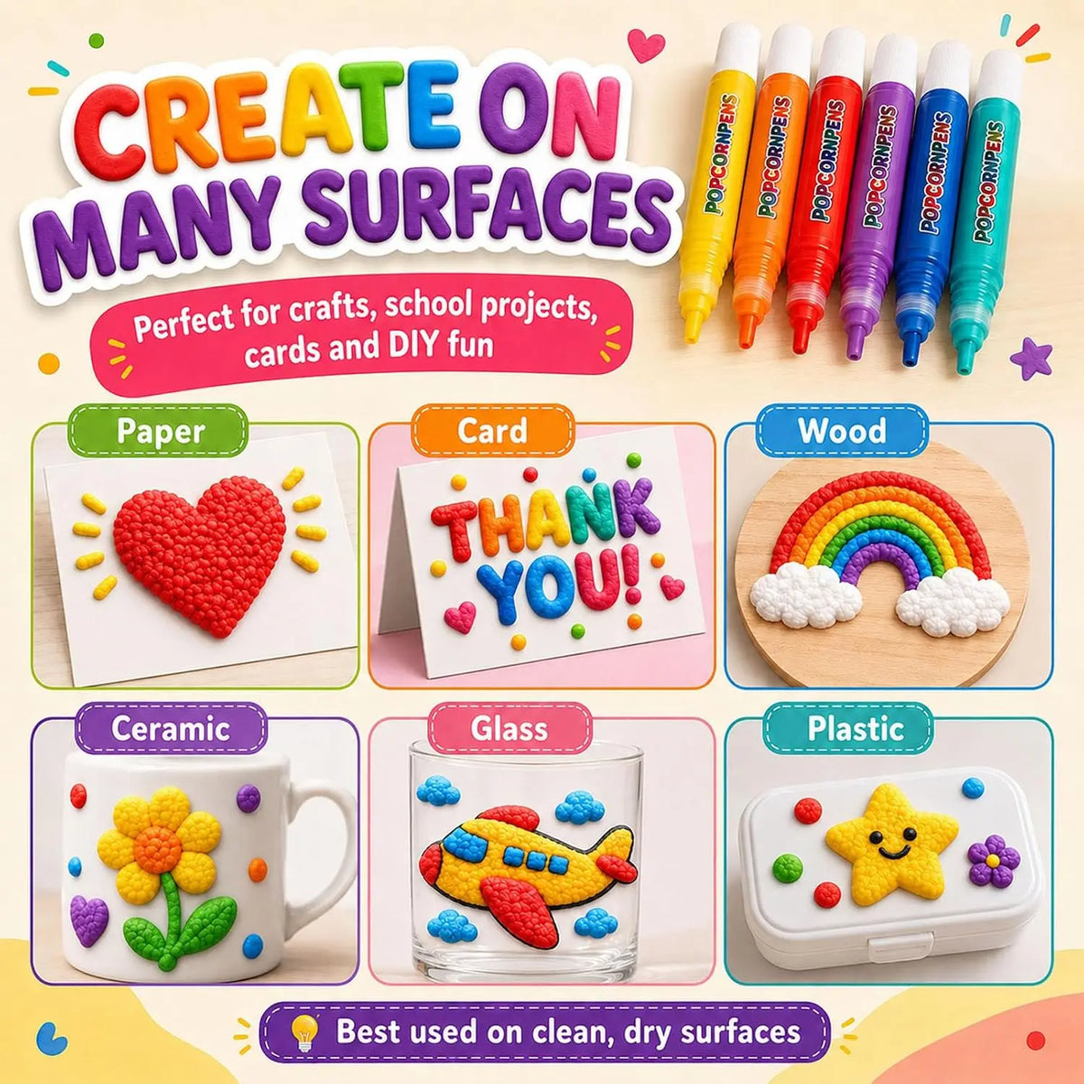 A collection of Magic Popcorn Pens used for creating 3D puffy textured drawings on various surfaces like paper, card, wood, c