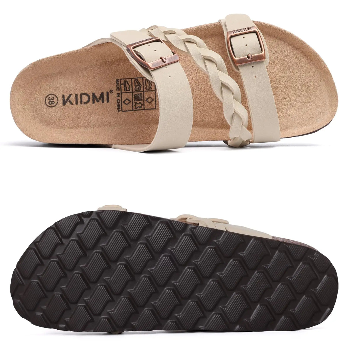 A tan women's slide sandal with a cork footbed and beige strap, shown from the side and bottom.