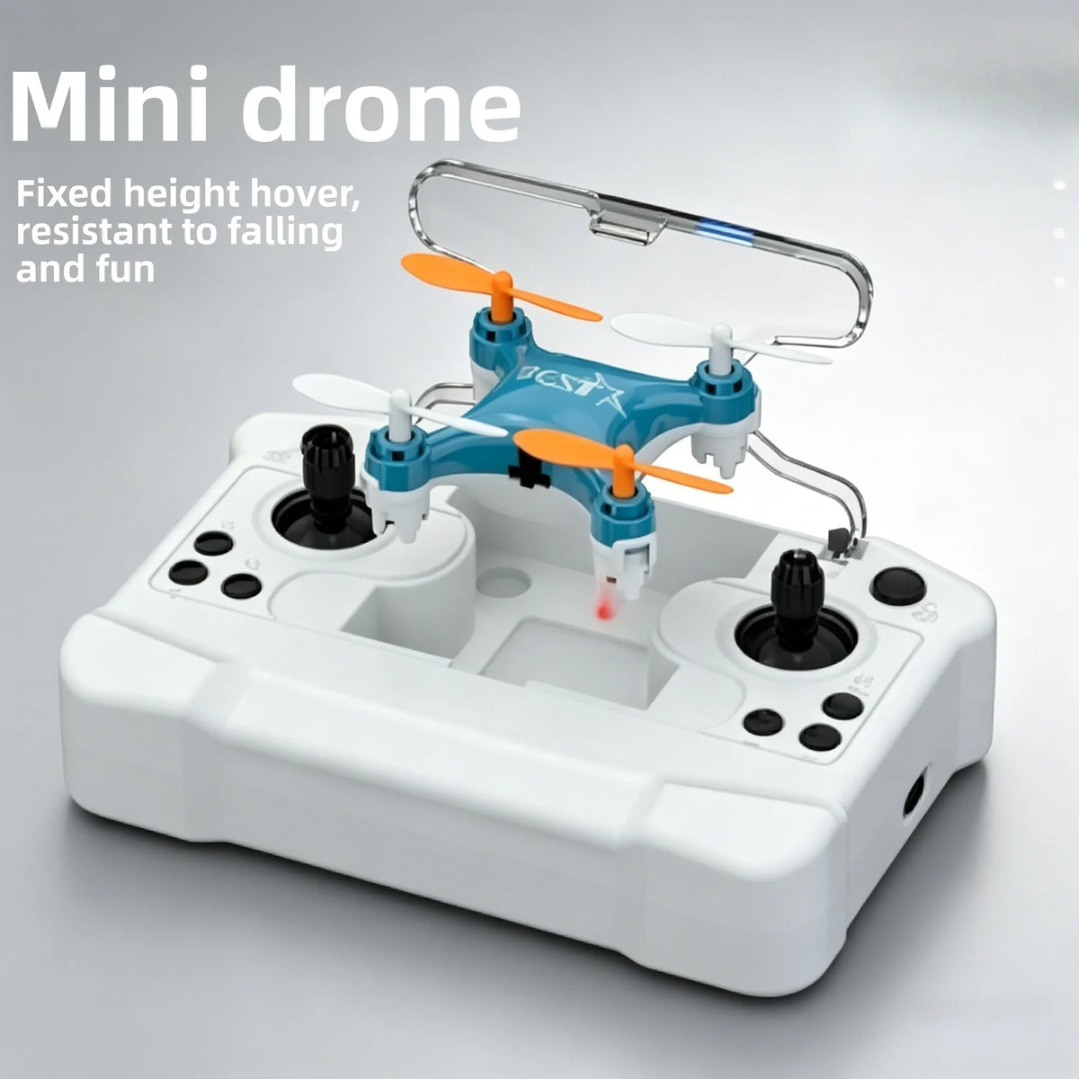 A small blue mini drone with orange propellers is shown resting on a white control base.