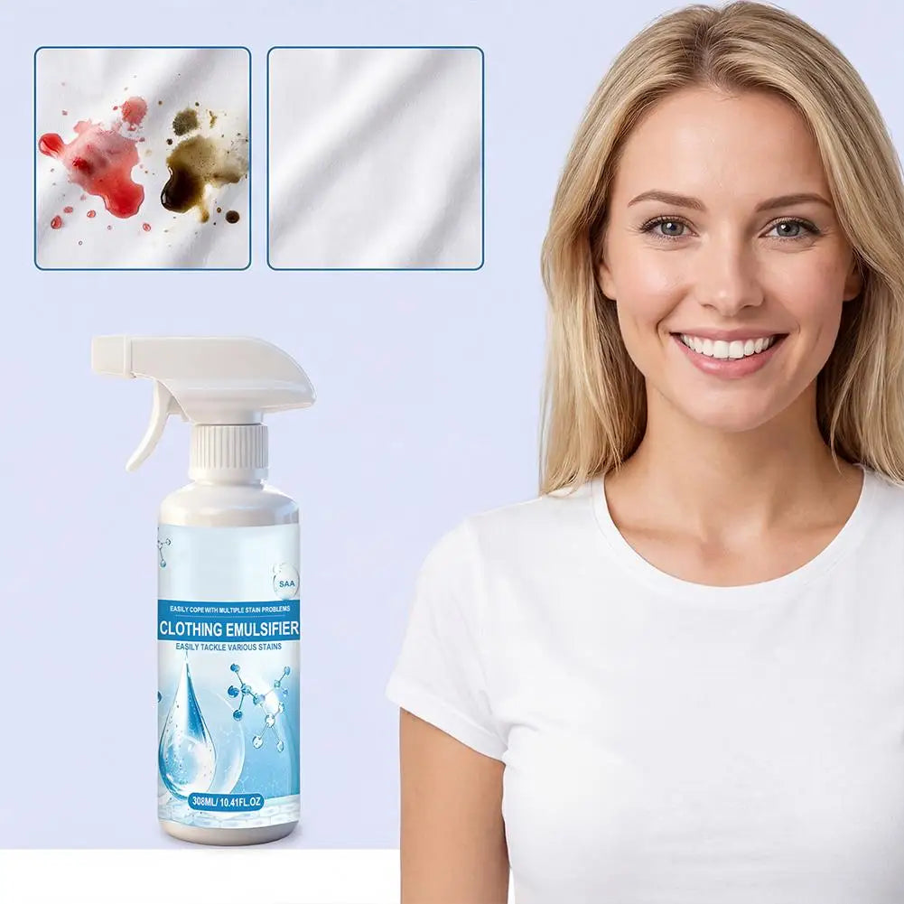 A woman holds a bottle of clothing emulsifier spray for removing stains.