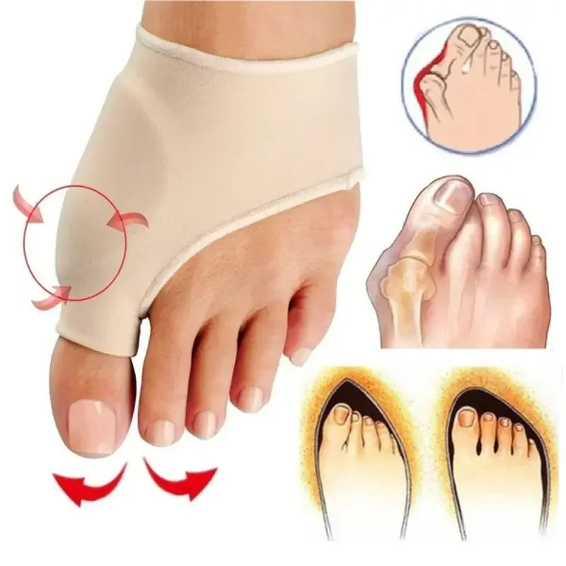 Dispositivo corrector y separador de dedos de silicona beige en un pie, con primeros planos del producto y su aplicación.