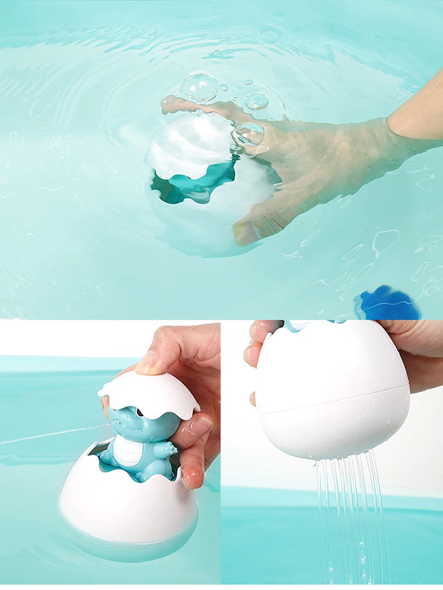 A hand dips a white bath toy shaped like a duck or penguin into clear water, creating a spray of water.