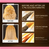Before and after comparison showing damaged hair being repaired with 3.7% golden keratin treatment