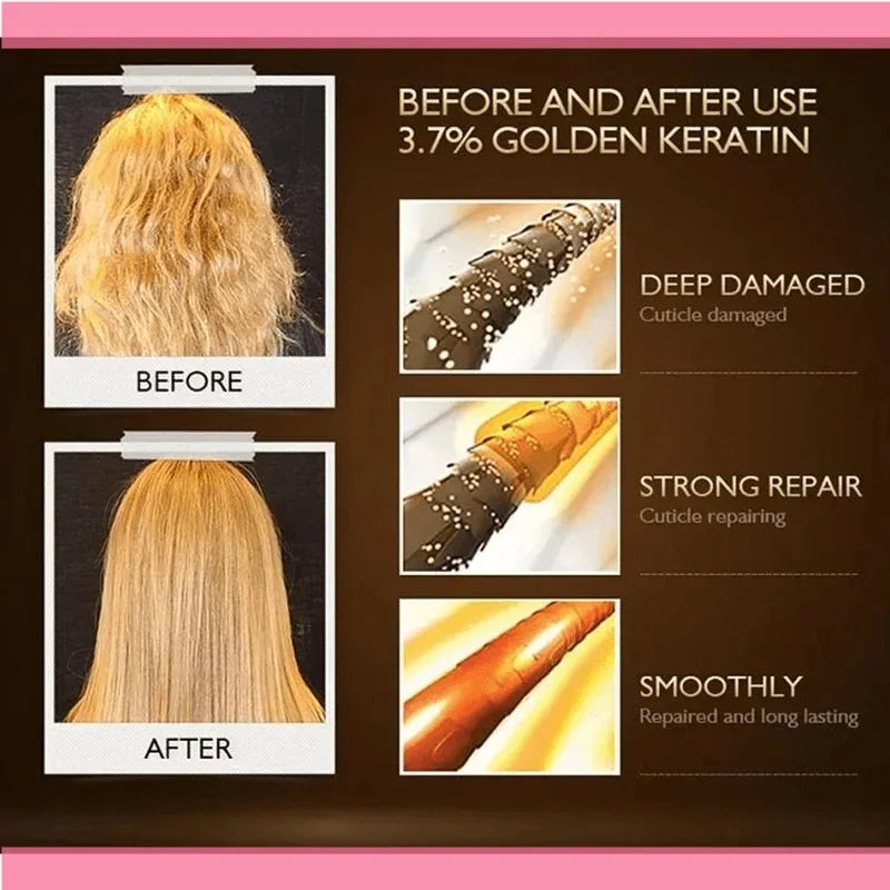Before and after comparison showing damaged hair being repaired with 3.7% golden keratin treatment