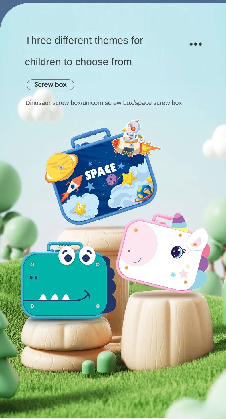 Three themed screw boxes for children including a dinosaur, unicorn, and space theme displayed on green grass.