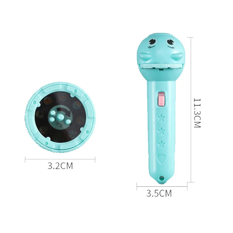 A light blue kids projector flashlight with a face design and story cards.