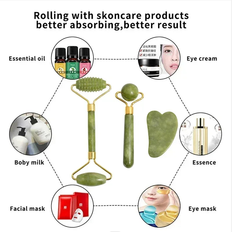 Juego de rodillo de jade y gua sha para masaje facial y cuidado de la piel, junto a varios productos de belleza.