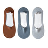 Three pairs of men's no-show socks with silicone grip in brown, blue, and gray.