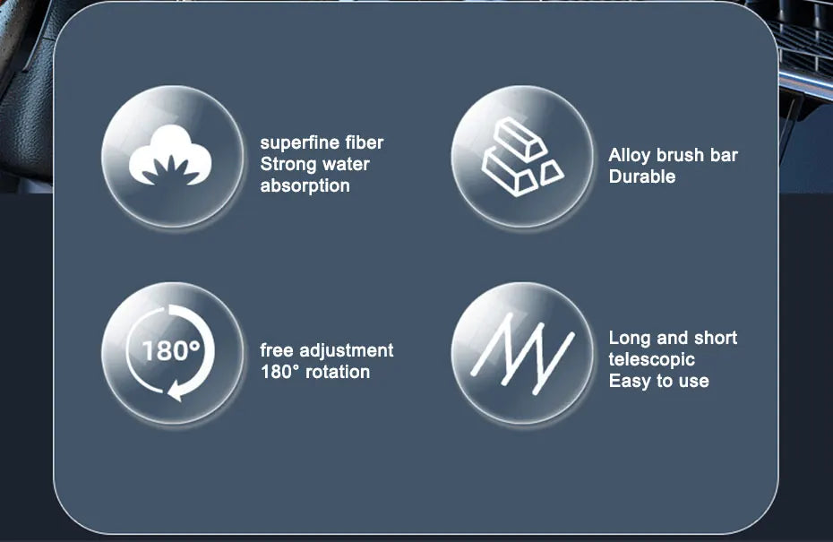 Icons highlighting features of a telescopic windshield cleaning brush including superfine fiber, durable alloy bar, and 180 d
