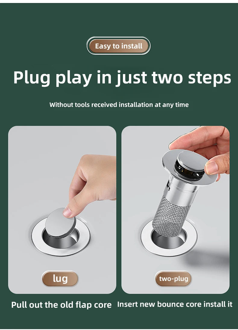 Demonstration showing how to install a new bounce core into a press-type sink drain stopper in two steps