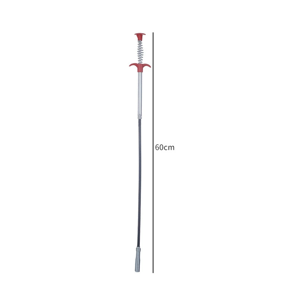 A long, thin drain snake tool with a red handle and silver shaft, measuring 60cm.