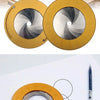A brass-colored drawing compass ruler with a silver center, shown in various views and usage context.