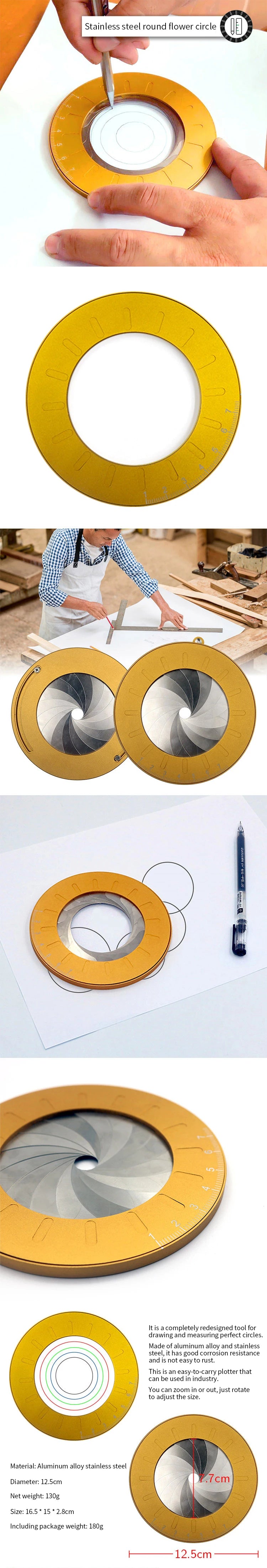 A brass-colored drawing compass ruler with a silver center, shown in various views and usage context.