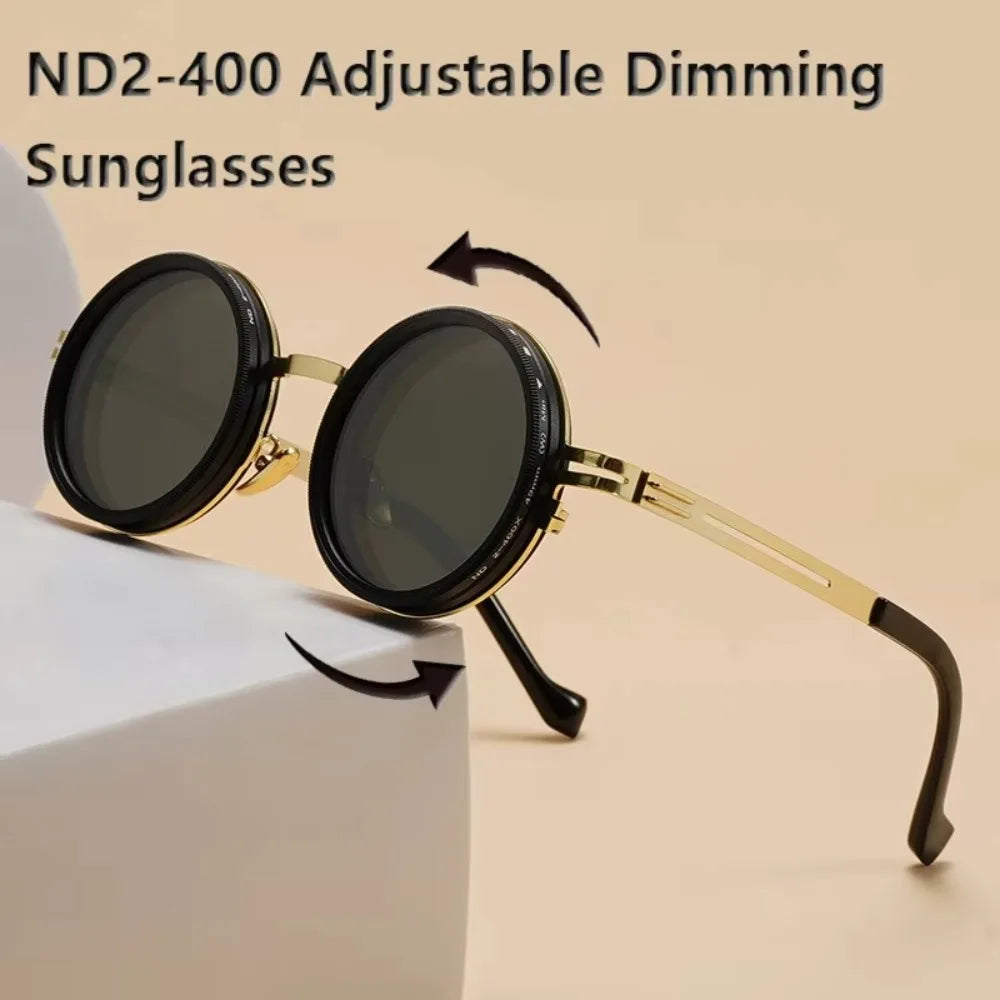 A pair of ND2-400 adjustable dimming sunglasses with gold accents shown on a white surface.