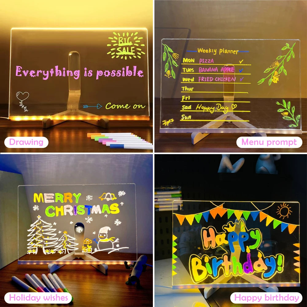 LED glowing message board displays various festive messages like Everything is possible and Happy Birthday