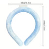 A light blue reusable cooling neck ring shown flat with dimensions 16cm/6.3in and a length of 19cm/7.5in.