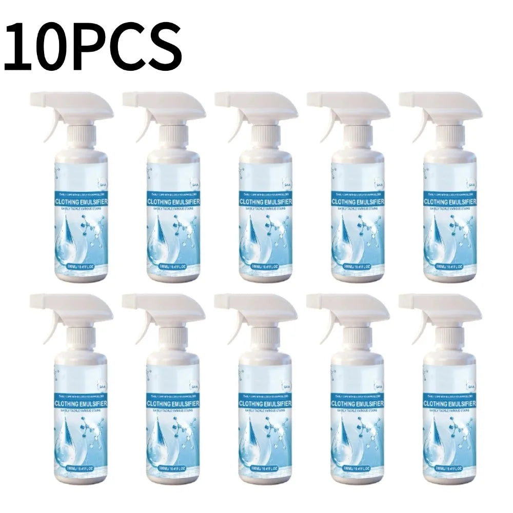 Ten bottles of blue clothing stain remover spray for fast-acting stain removal
