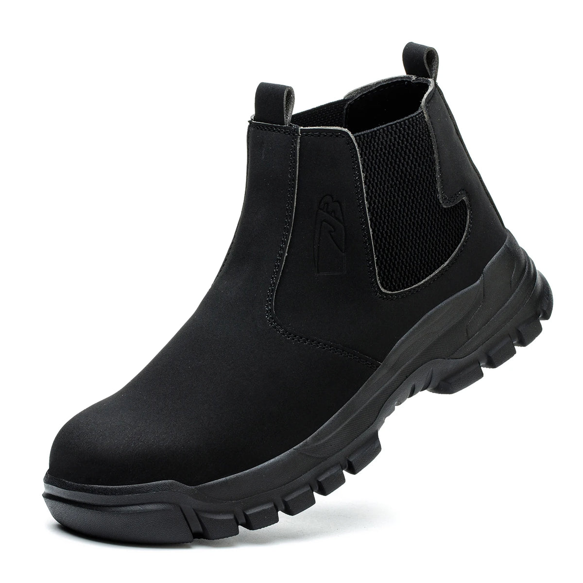 Schwarze wasserdichte Herren-Sicherheitsstiefel mit Stahlkappe, von der Seite gesehen.