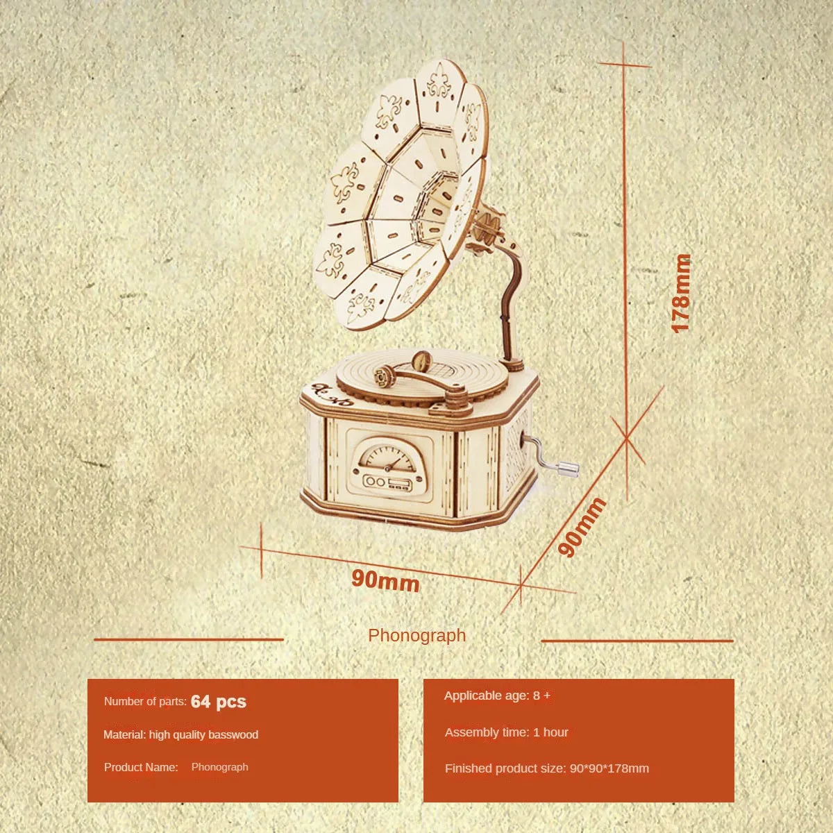 Modellsett av en tregrammofon med platespiller og dekorativ plate, vist med dimensjonslinjer.