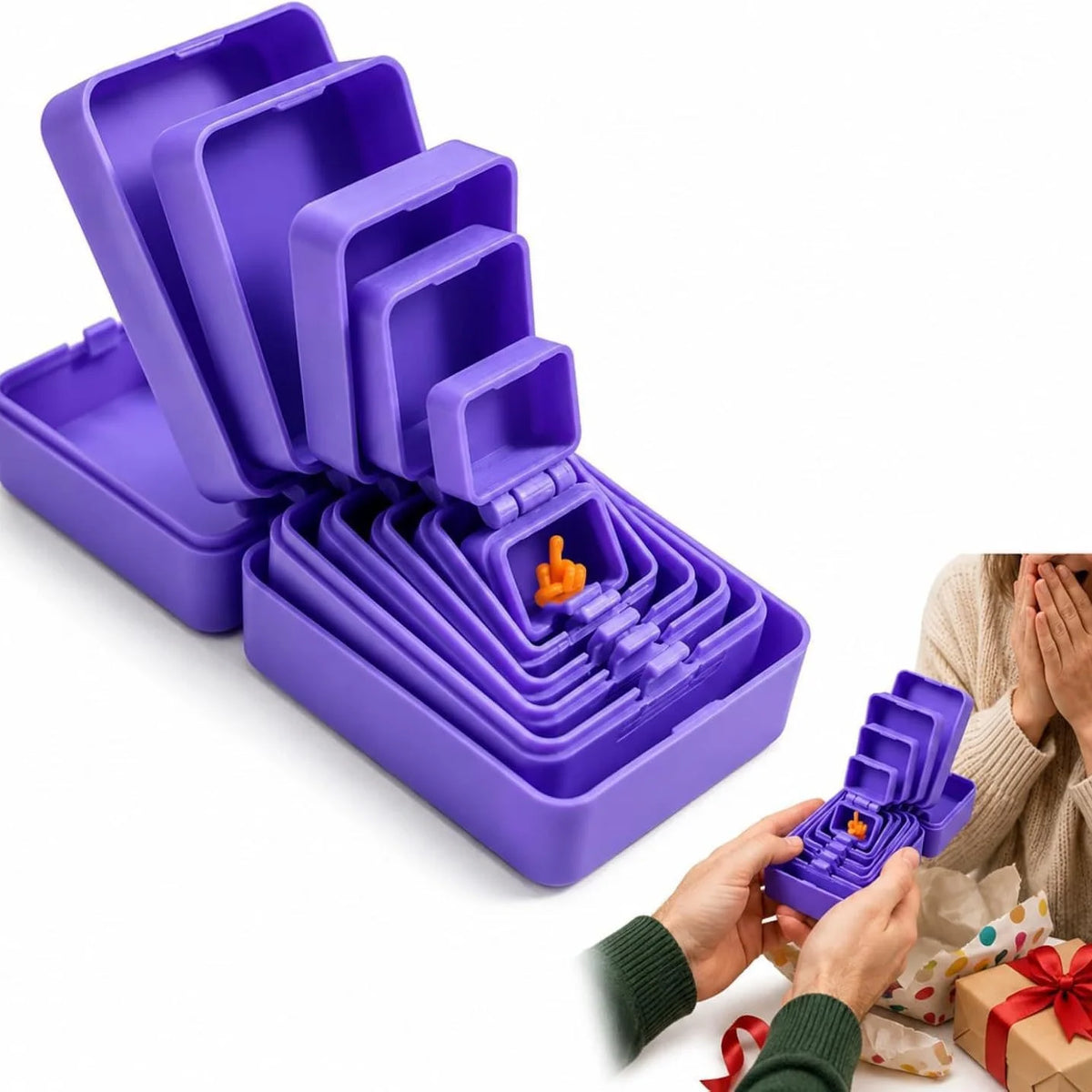 A hand is opening a purple 6-layer nested surprise box made of 3D-printed plastic.