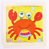 A wooden puzzle featuring an orange, smiling octopus or squid with large eyes and colorful tentacles on a yellow background.