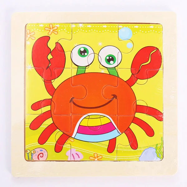 A wooden puzzle featuring an orange, smiling octopus or squid with large eyes and colorful tentacles on a yellow background.