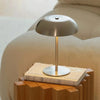 A silver portable touch table lamp with a gold-toned stand rests on a stack of books.