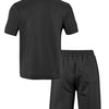 Black men's casual jacquard short-sleeve shirt and drawstring shorts set displayed flat