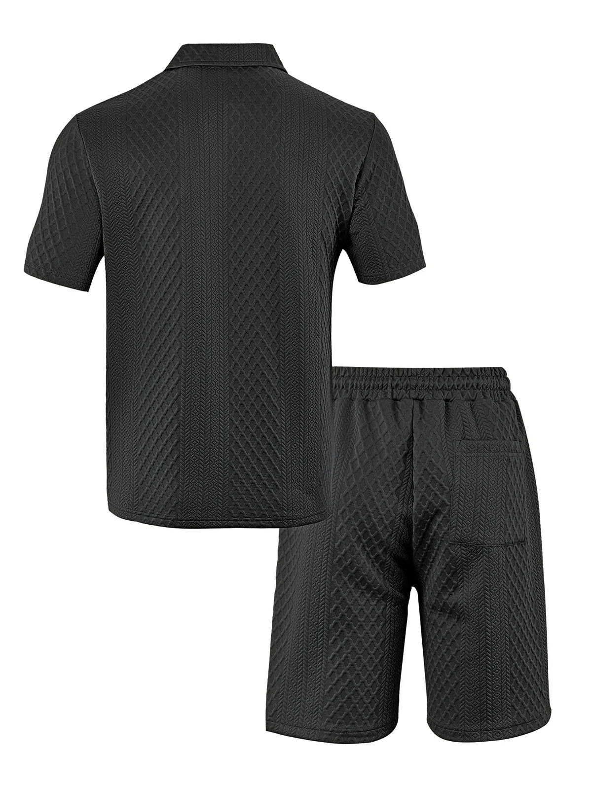 Black men's casual jacquard short-sleeve shirt and drawstring shorts set displayed flat