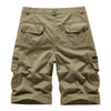 Khaki men's cotton cargo shorts with multiple pockets shown flat lay.