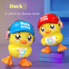 A yellow duck dance toy with red headphones and a red hat, shown next to its blue version.