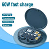 A blue multi-head fast charging cable organizer with a storage case and various accessories shown open.