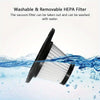 A black HEPA filter is shown being washed with water, illustrating its washable and removable feature.