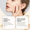Close-up of a woman applying liquid concealer to her face with a hand, demonstrating flawless makeup coverage.
