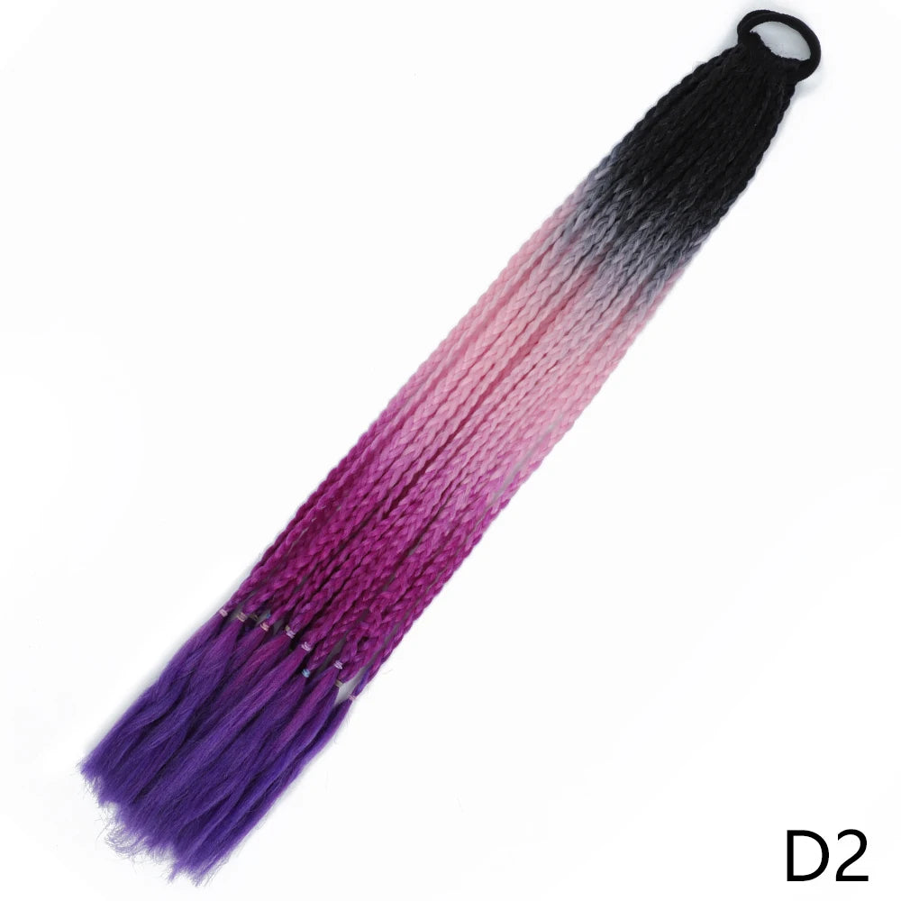 A long, pre-braided hair extension featuring a gradient color transition from purple to black.