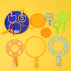 A collection of various colored bubble wands and rings for a party set.