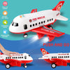 A white and red fire rescue airplane toy is shown in flight, with a hand pushing it on a blue background.