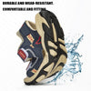 A pair of black and tan breathable summer sport sandals shown from the side with water splashing around them.