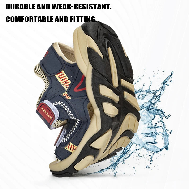 A pair of black and tan breathable summer sport sandals shown from the side with water splashing around them.