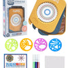 A yellow painting storage box set featuring various geometric drawing tools including spirograph wheels and paintbrushes.