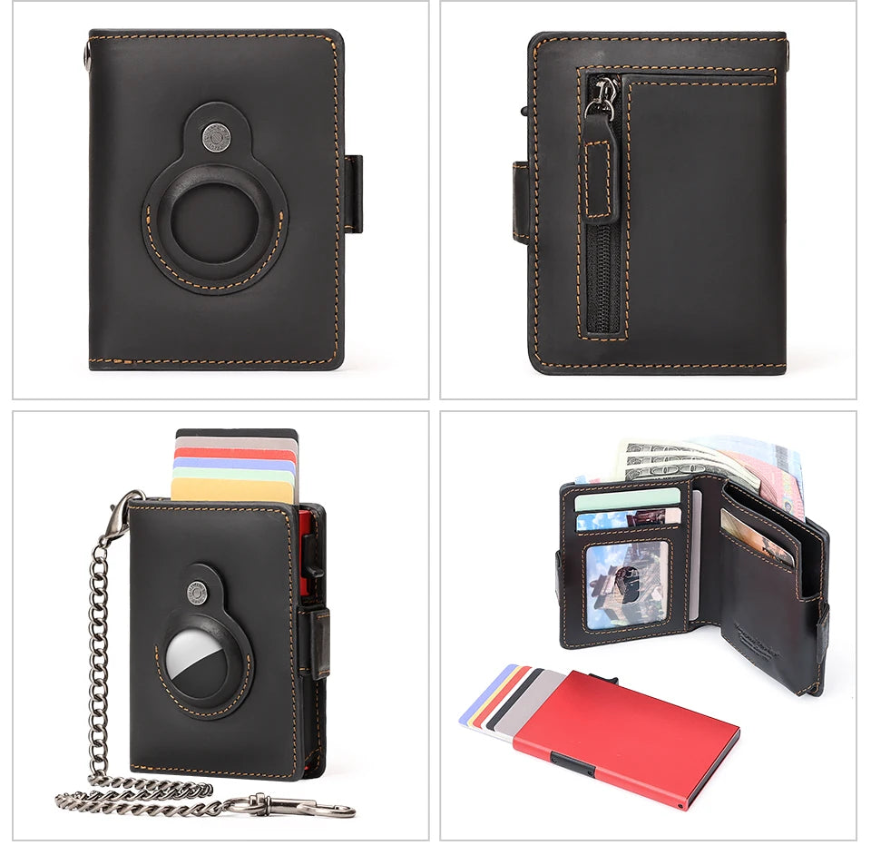 A black Crazy Horse leather smart wallet with RFID blocking and an AirTag holder shown in multiple views.