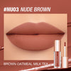 A close-up of a nude brown lip tint in a tube, showing the color swatch on a model's lips.