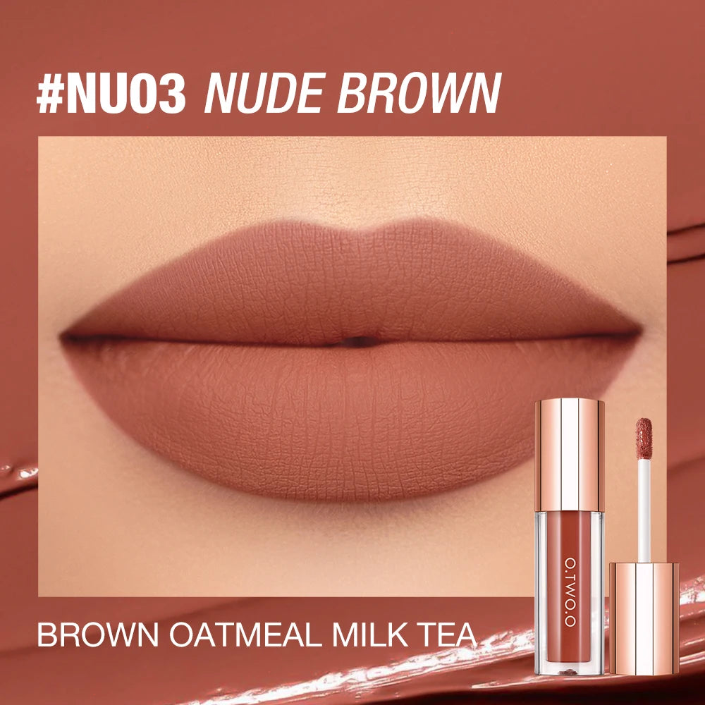 A close-up of a nude brown lip tint in a tube, showing the color swatch on a model's lips.
