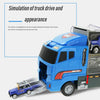 A blue die-cast construction truck set simulation showing a truck driving and its appearance.