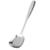 A silver stainless steel serving spoon with a long, slender handle.
