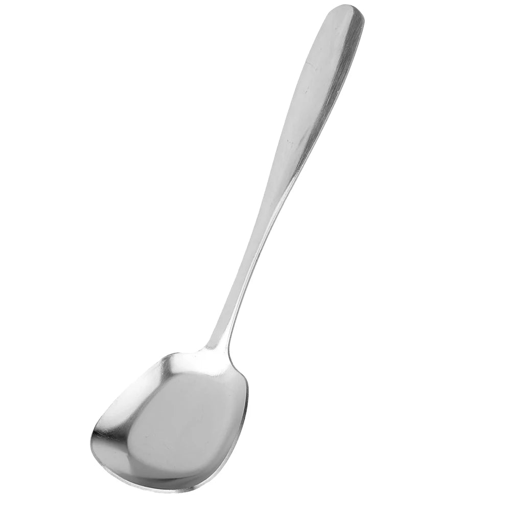 A silver stainless steel serving spoon with a long, slender handle.