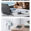 A compact travel power strip with two AC outlets and three USB ports shown in use on a cruise ship and a study desk.