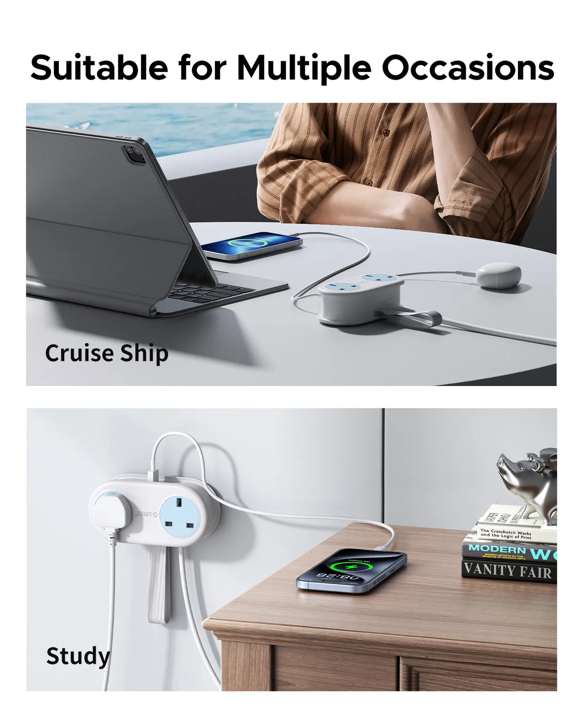 A compact travel power strip with two AC outlets and three USB ports shown in use on a cruise ship and a study desk.
